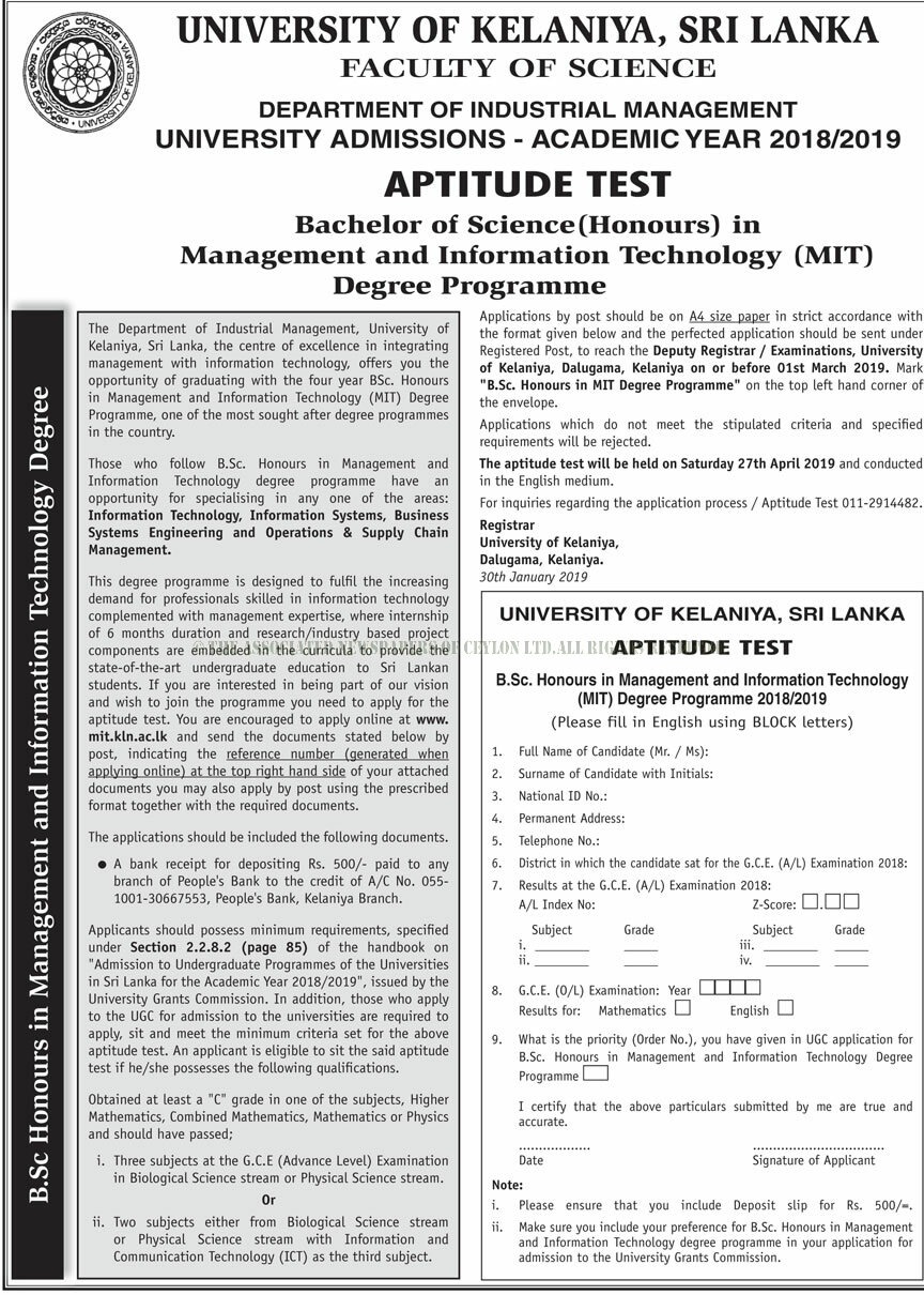 Bachelor of Science (Honours) in Management & Information Technology (MIT) Degree Programme -Faculty of Science - University of Kelaniya